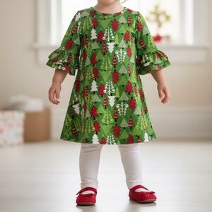 Festive Green Holiday Dress Christmas Tree Ruffle Sleeve Green Red White 18M